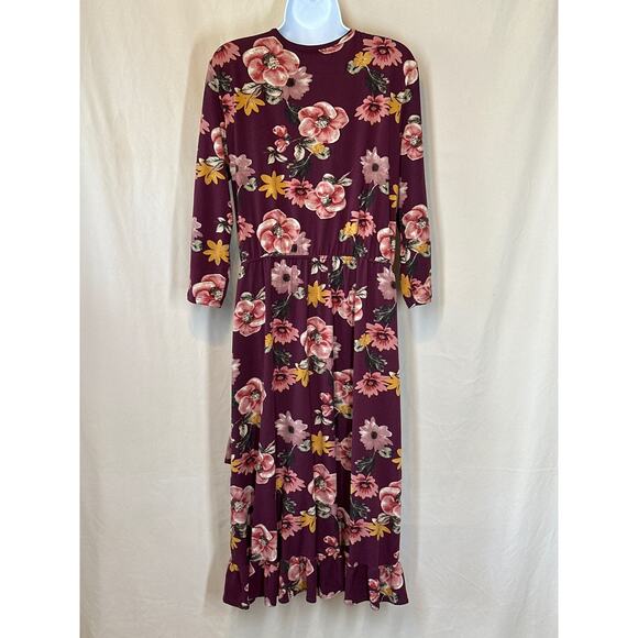 DOWNEAST Dress L Burgundy Wine Fall Fairy Ruffled Floral Cottagecore Faux Wrap - Picture 6 of 13